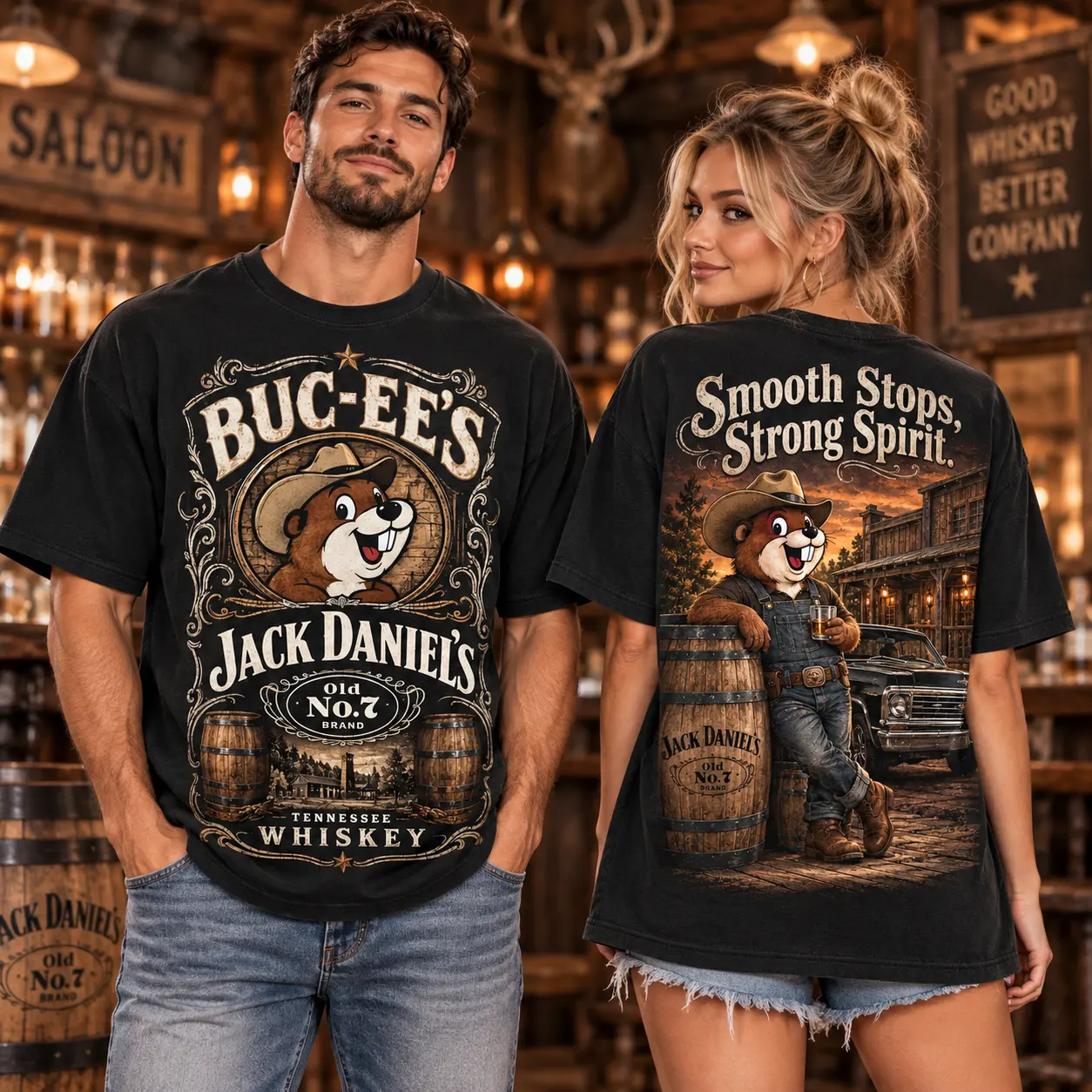Buc-ee's Jack Daniels Black Whiskey T-Shirt For Travelers With A Taste For Roadside Character NDN worn front and back