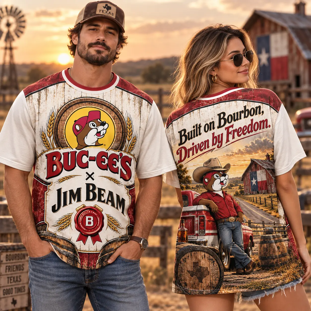 Buc-ee's Jim Beam Cream Bourbon T-Shirt For Free Spirits Who Take The Long Way Home NDN worn front and back