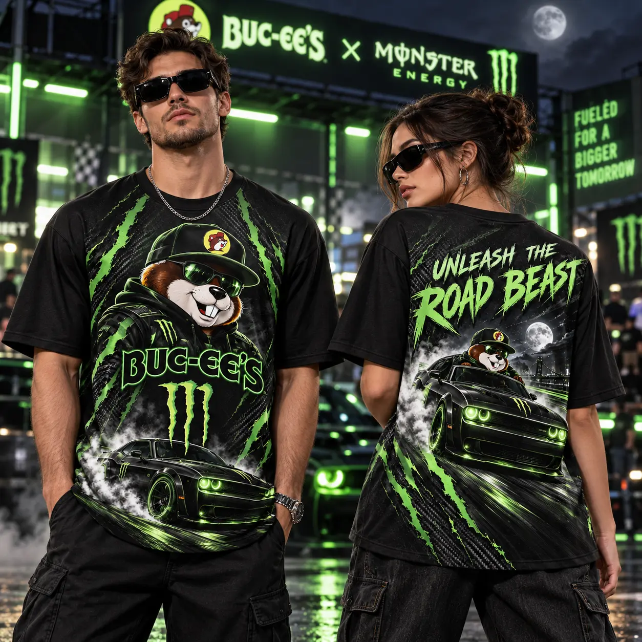 Buc-ee's Monster Neon Green T-Shirt For Night Owls Who Unleash Their Road Trip Spirit NDN worn front and back