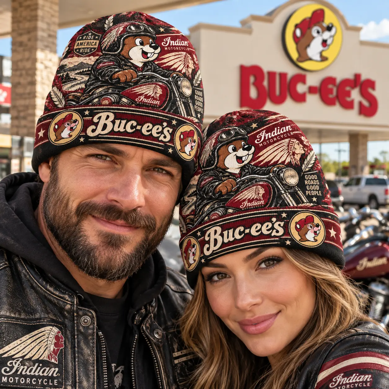 Buc-ee's Indian Motorcycle Beaver Burgundy Graphic Printed Beanie For Vintage Road Adventure Fans NDN worn beanie