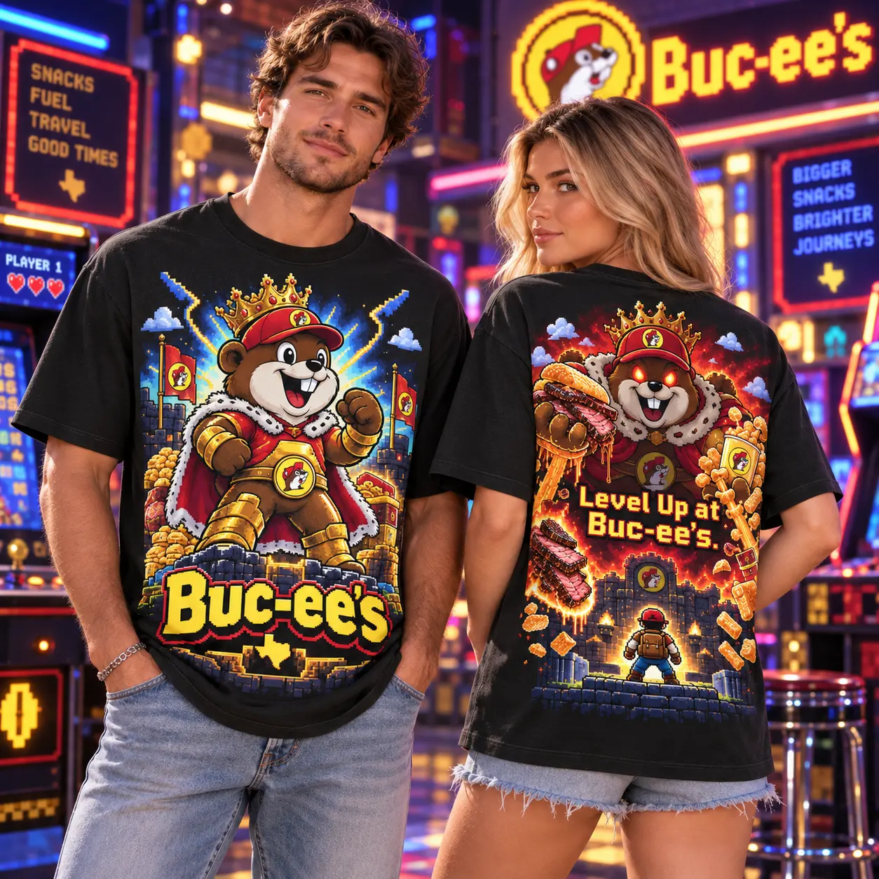 Buc-ee's Arcade King Pixel Adventure 3D Shirt for Dedicated Gamers Ready to Level Up NDN worn front and back