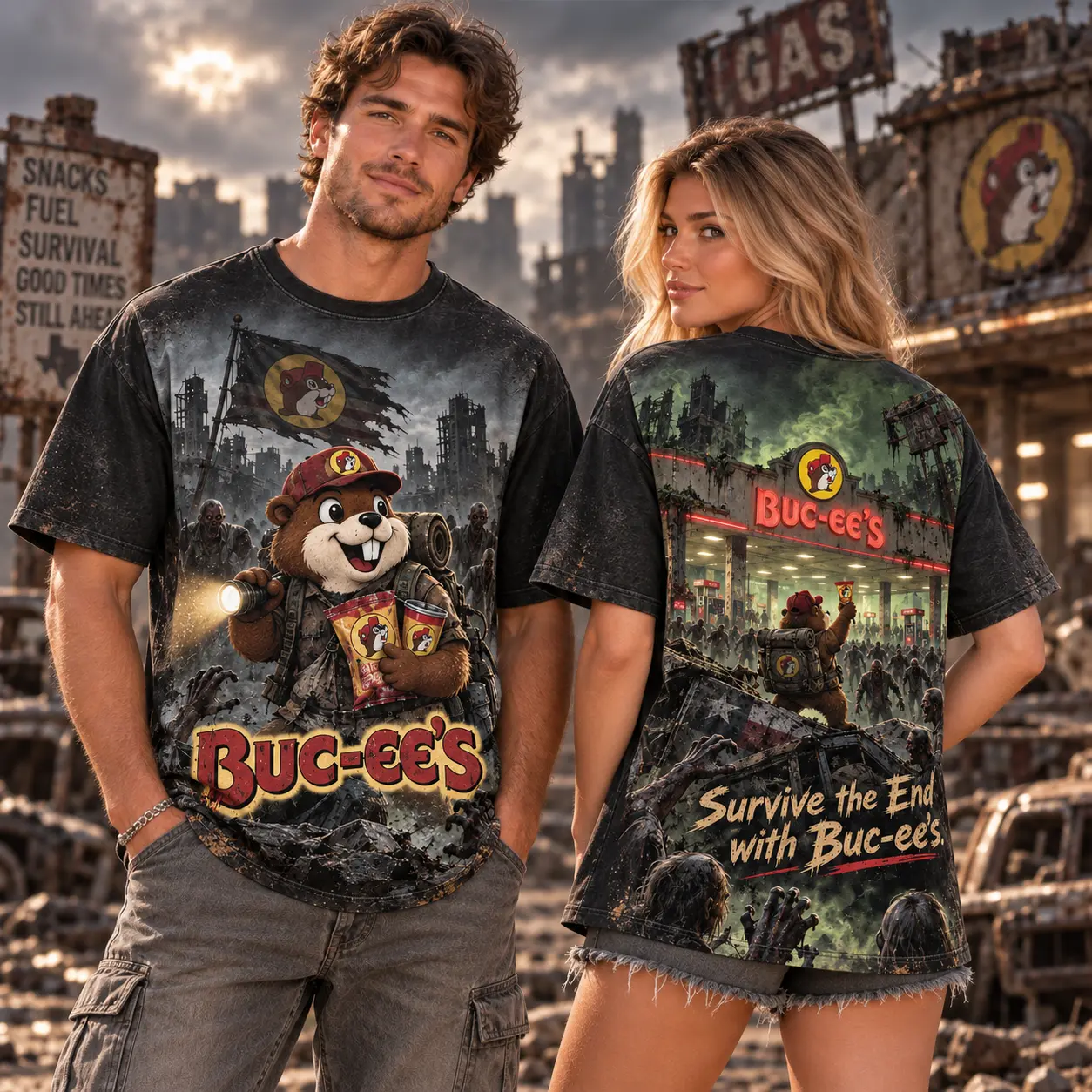 Buc-ee's Zombie Roadside Survival 3D Shirt for Adventurers Facing the End With Snacks NDN worn front and back
