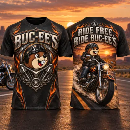 Buc-ee's Motorcycle Beaver Orange Flames 3D Shirt For Riders Chasing The Open Road NDN flat front and back