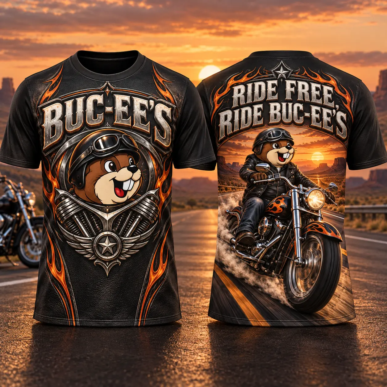 Buc-ee's Motorcycle Beaver Orange Flames 3D Shirt For Riders Chasing The Open Road NDN flat front and back