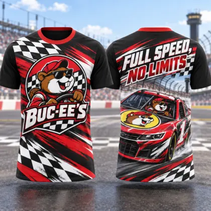 Buc-ee's Red Race Car Checkered 3D Shirt For Fans With Full Speed Spirit NDN flat front and back