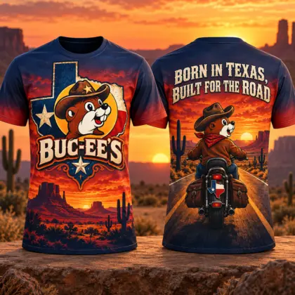 Buc-ee's Cowboy Beaver Motorcycle 3D Shirt For Texas Riders Born For The Road NDN flat front and back