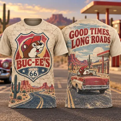 Buc-ee's Route 66 Sunset Highway 3D Shirt For Good Times On Long Roads NDN flat front and back