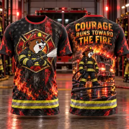 Buc-ee's Firefighter Beaver Fire Engine 3D Shirt For Honoring Courage Under Pressure NDN flat front and back