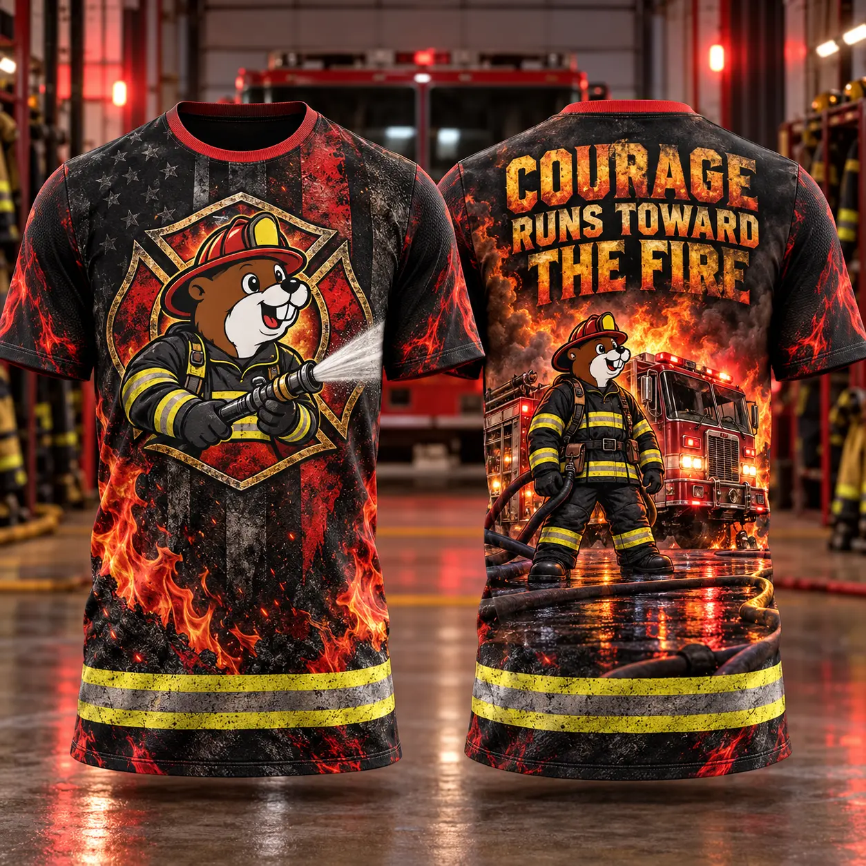 Buc-ee's Firefighter Beaver Fire Engine 3D Shirt For Honoring Courage Under Pressure NDN flat front and back