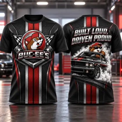 Buc-ee's Red Muscle Car 3D Shirt For Drivers Who Love Loud Road Style NDN flat front and back