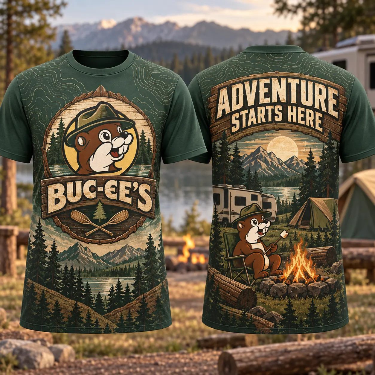 Buc-ee's Green Camping Adventure 3D Shirt For Explorers Starting At The Campsite NDN flat front and back