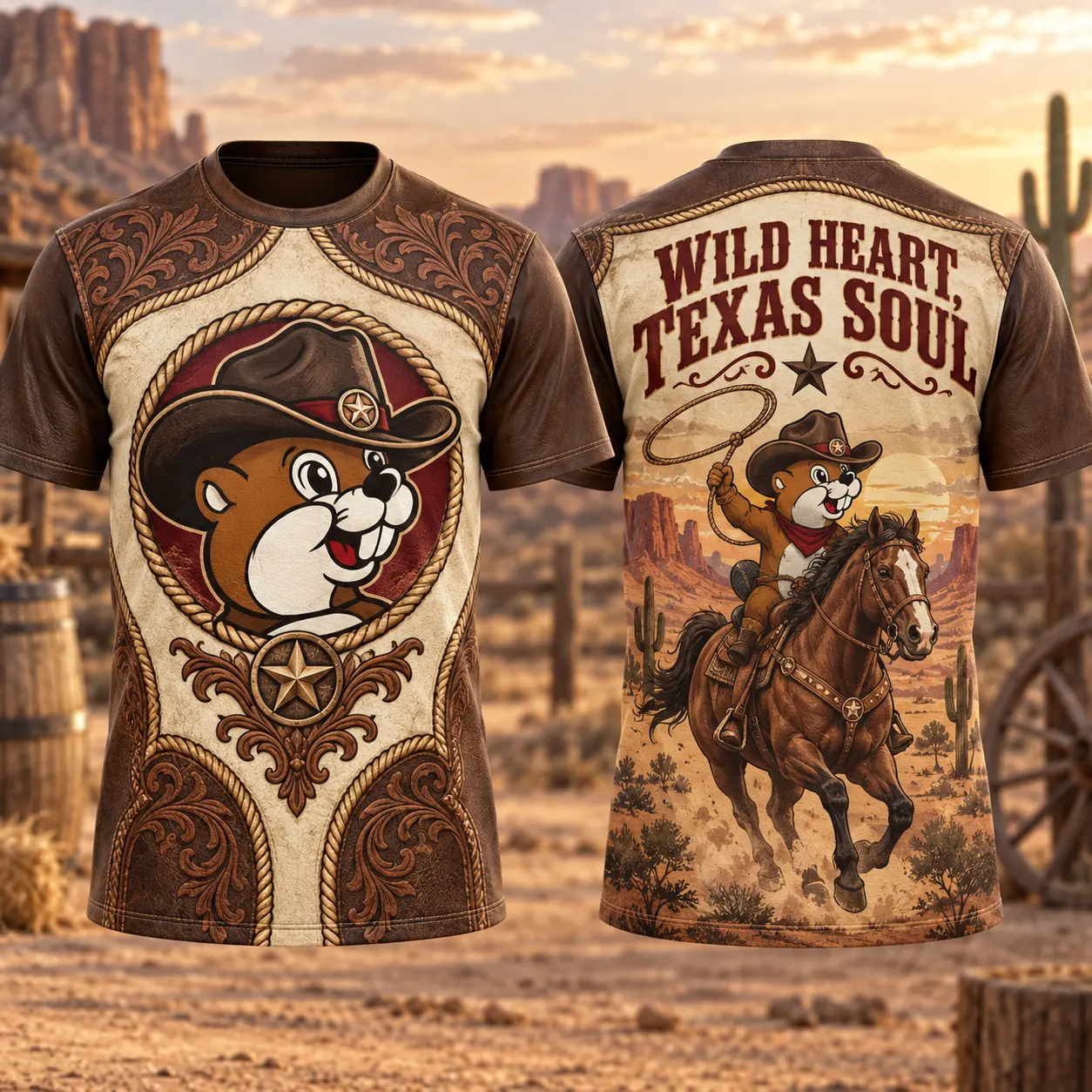 Buc-ee's Cowboy Horse Western 3D Shirt For Wild Hearts With A Texas Soul NDN flat front and back