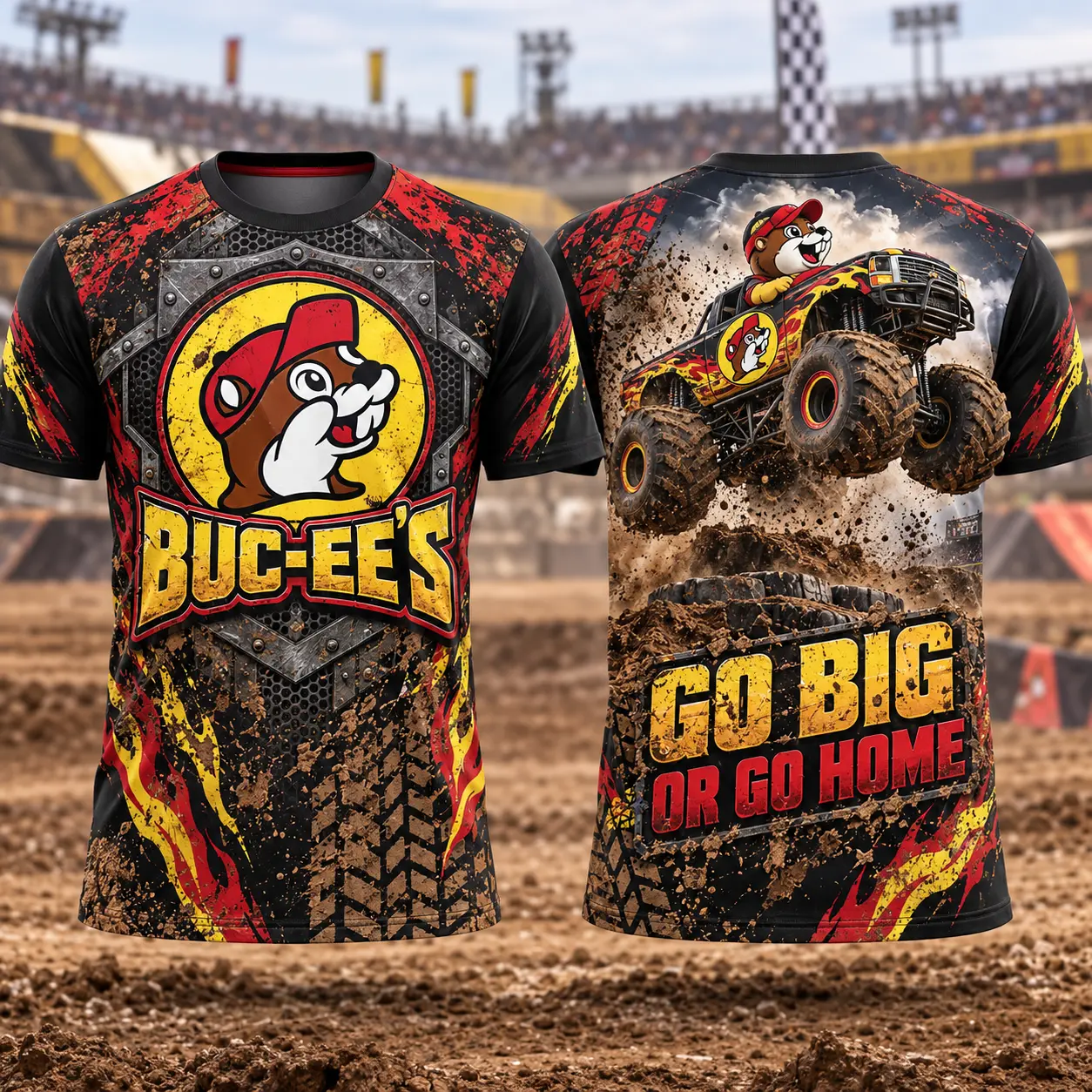 Buc-ee's Monster Truck Red Flames 3D Shirt For Fans Who Always Go Big NDN flat front and back