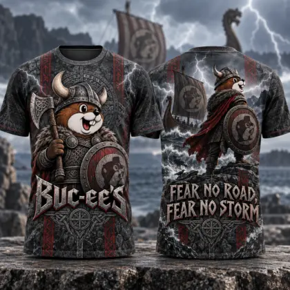 Buc-ee's Viking Beaver Storm Ship 3D Shirt For Travelers Who Fear No Road NDN flat front and back