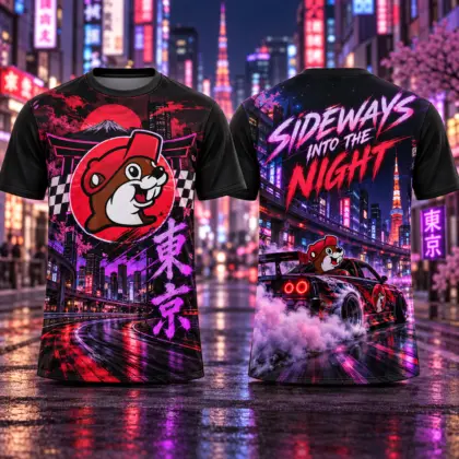 Buc-ee's Tokyo Neon Drift Car 3D Shirt For Drivers Chasing City Lights NDN flat front and back