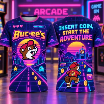 Buc-ee's Neon Arcade Beaver 3D Shirt For Gamers Ready To Start The Adventure NDN flat front and back