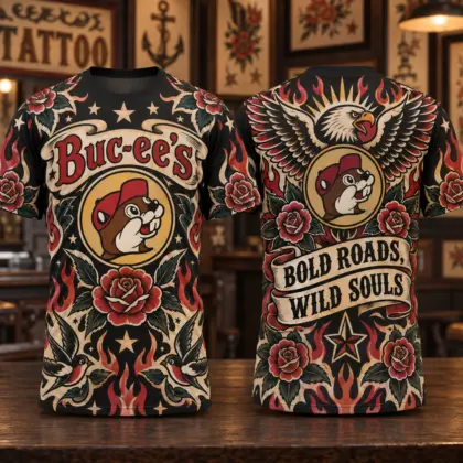 Buc-ee's Tattoo Style Roses Eagle 3D Shirt For Bold Roads And Wild Souls NDN flat front and back