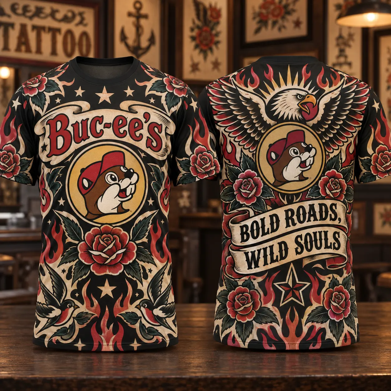 Buc-ee's Tattoo Style Roses Eagle 3D Shirt For Bold Roads And Wild Souls NDN flat front and back