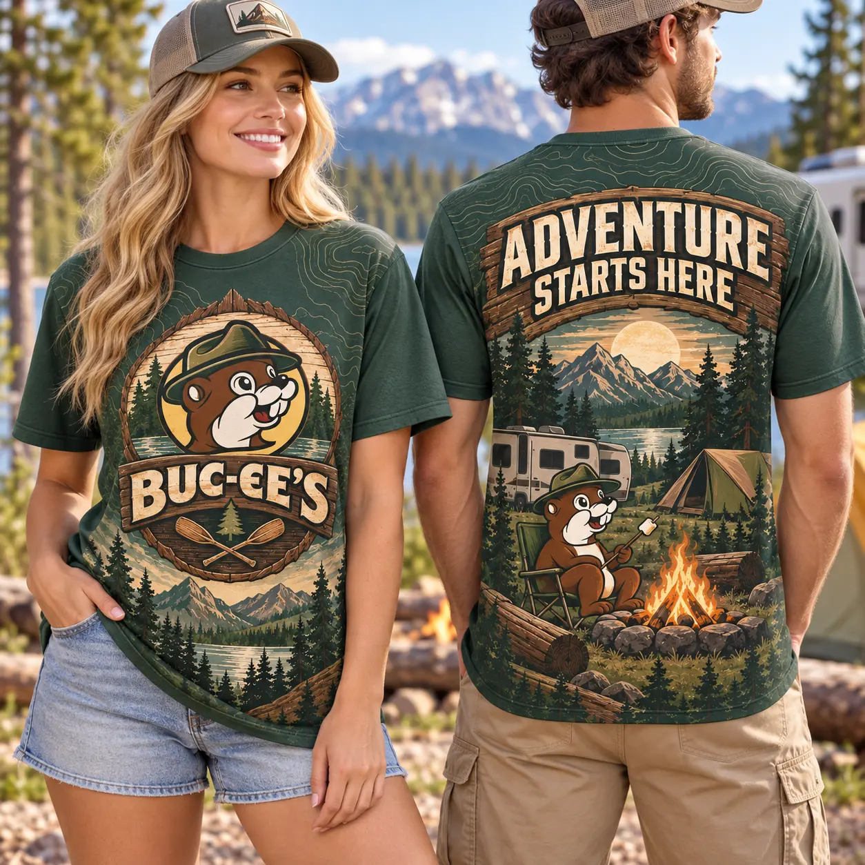 Buc-ee's Green Camping Adventure 3D Shirt For Explorers Starting At The Campsite NDN worn front and back