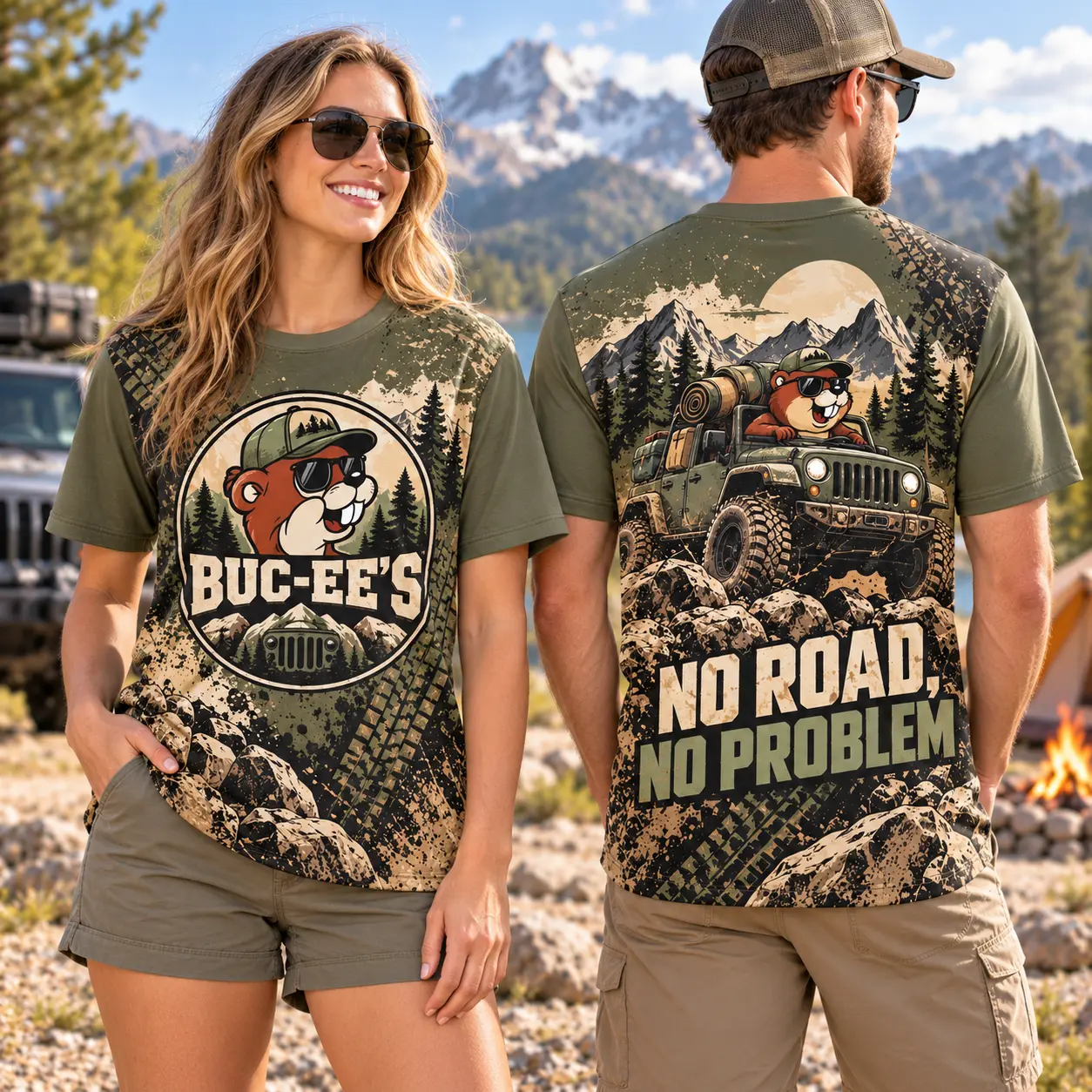 Buc-ee's Muddy Offroad Jeep 3D Shirt For Adventurers Who Make Their Own Route NDN worn front and back