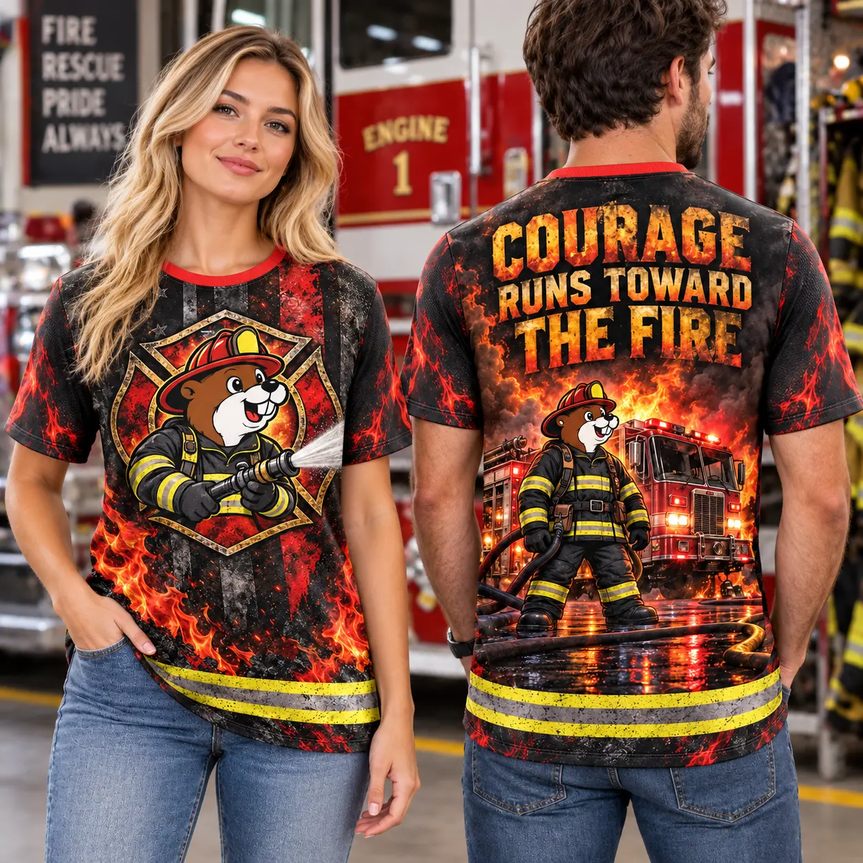 Buc-ee's Firefighter Beaver Fire Engine 3D Shirt For Honoring Courage Under Pressure NDN worn front and back