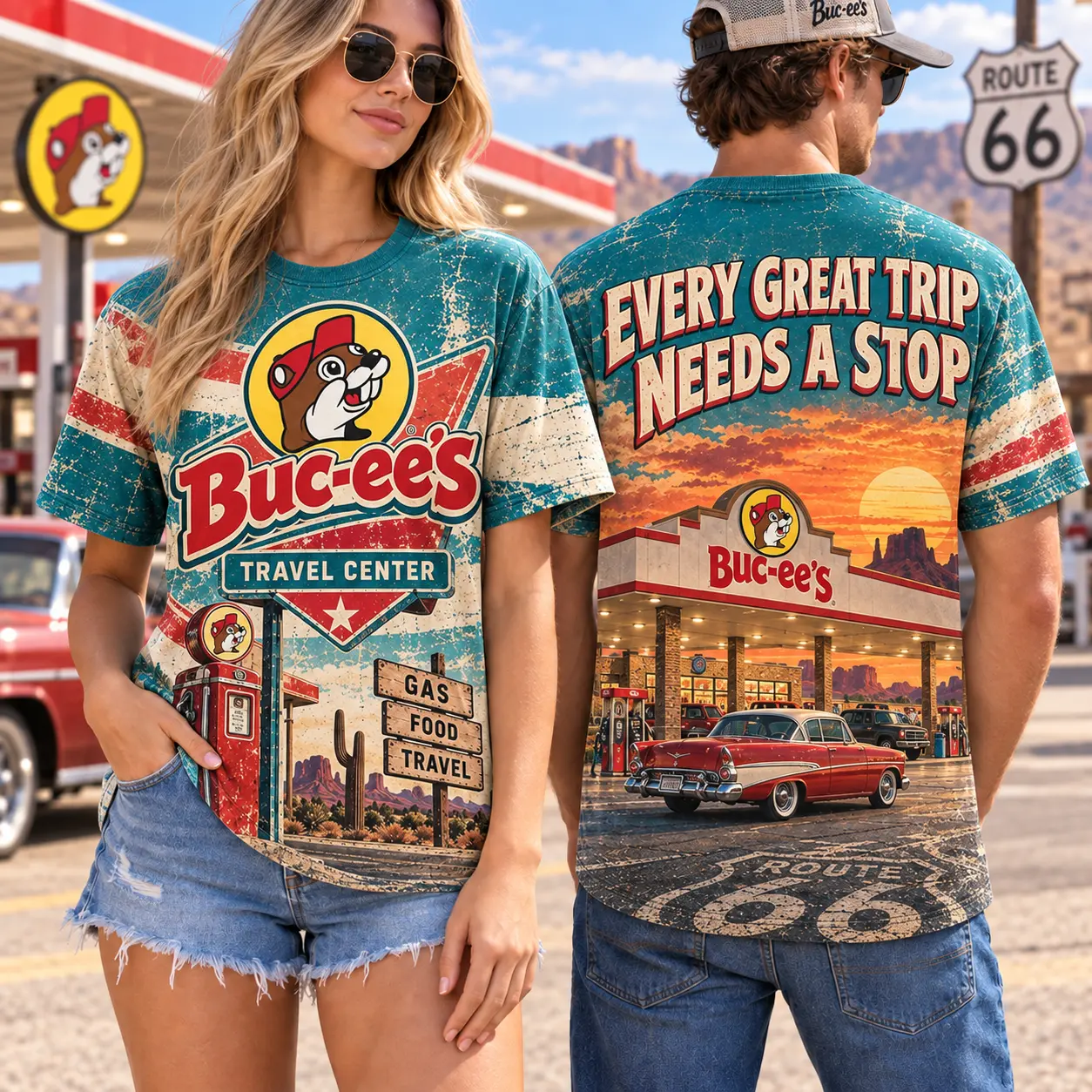 Buc-ee's Route 66 Gas Pumps 3D Shirt For Travelers Who Love Classic Stops NDN worn front and back