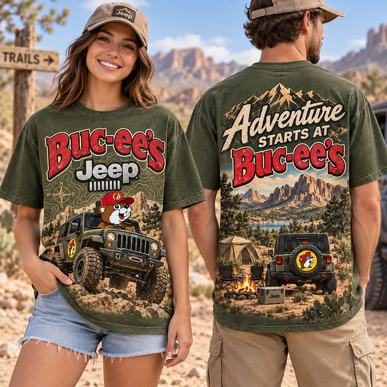 Buc-ee's Jeep Olive Adventure T-Shirt For Explorers Who Take The Trail Less Traveled NDN worn front and back