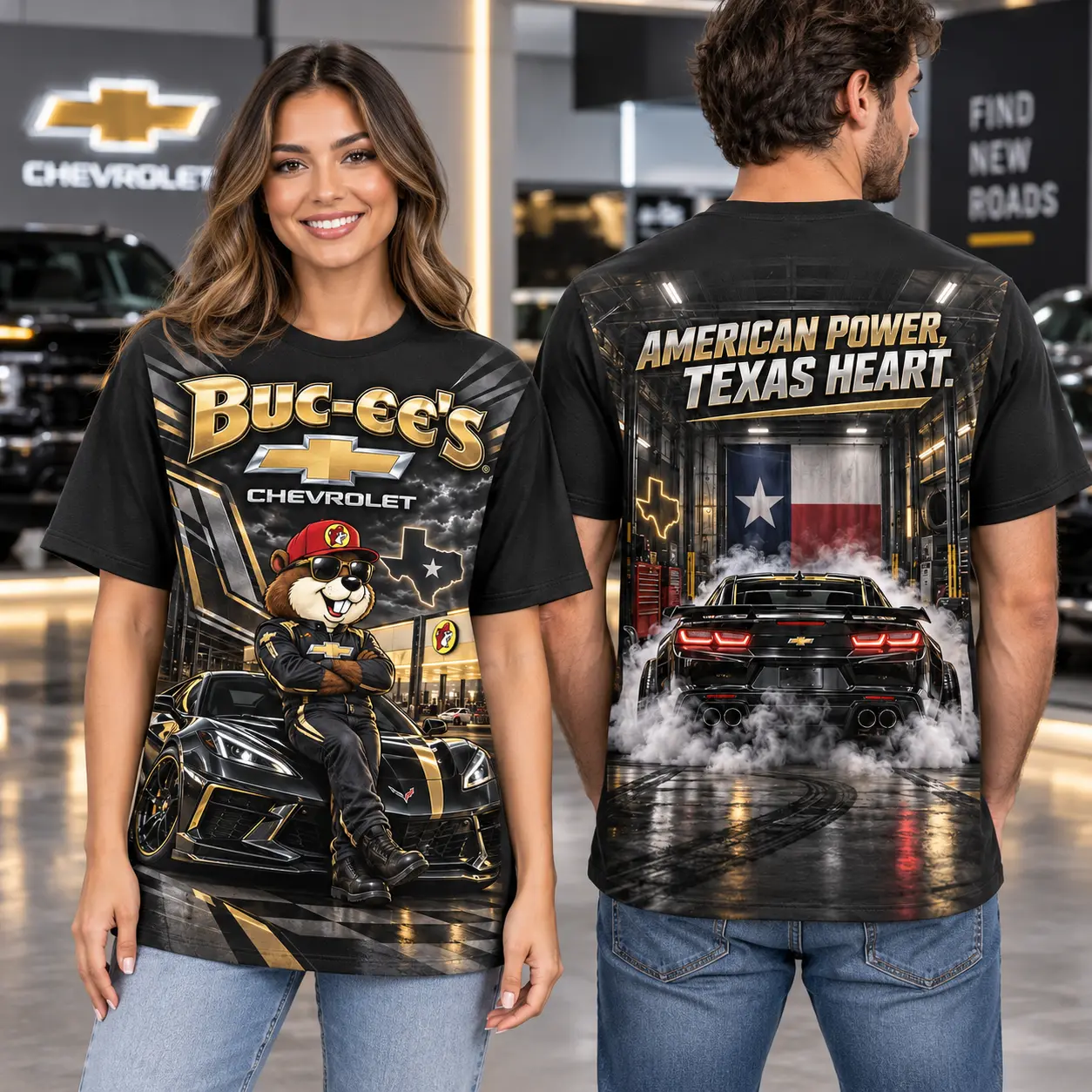 Buc-ee's Chevrolet American Power T-Shirt For Drivers With A Texas Heart NDN worn front and back