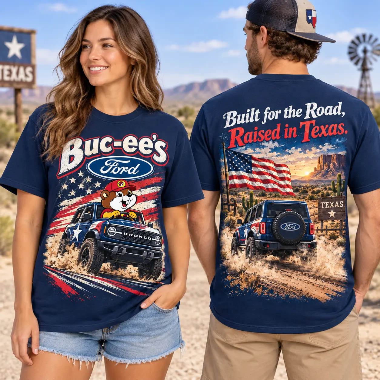 Buc-ee's Ford Blue Truck T-Shirt For Texas Road Trippers Taking The Scenic Route NDN worn front and back