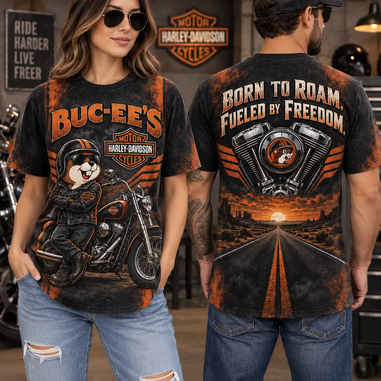 Buc-ee's Harley Motorcycle Graphic T-Shirt For Free Spirits Born To Roam The Open Road NDN worn front and back