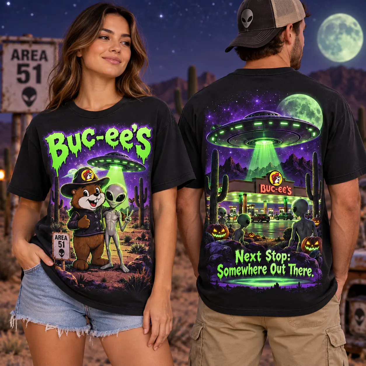 Buc-ee's Alien Green Cosmic T-Shirt For Road Trippers Whose Next Stop Is Out There NDN worn front and back