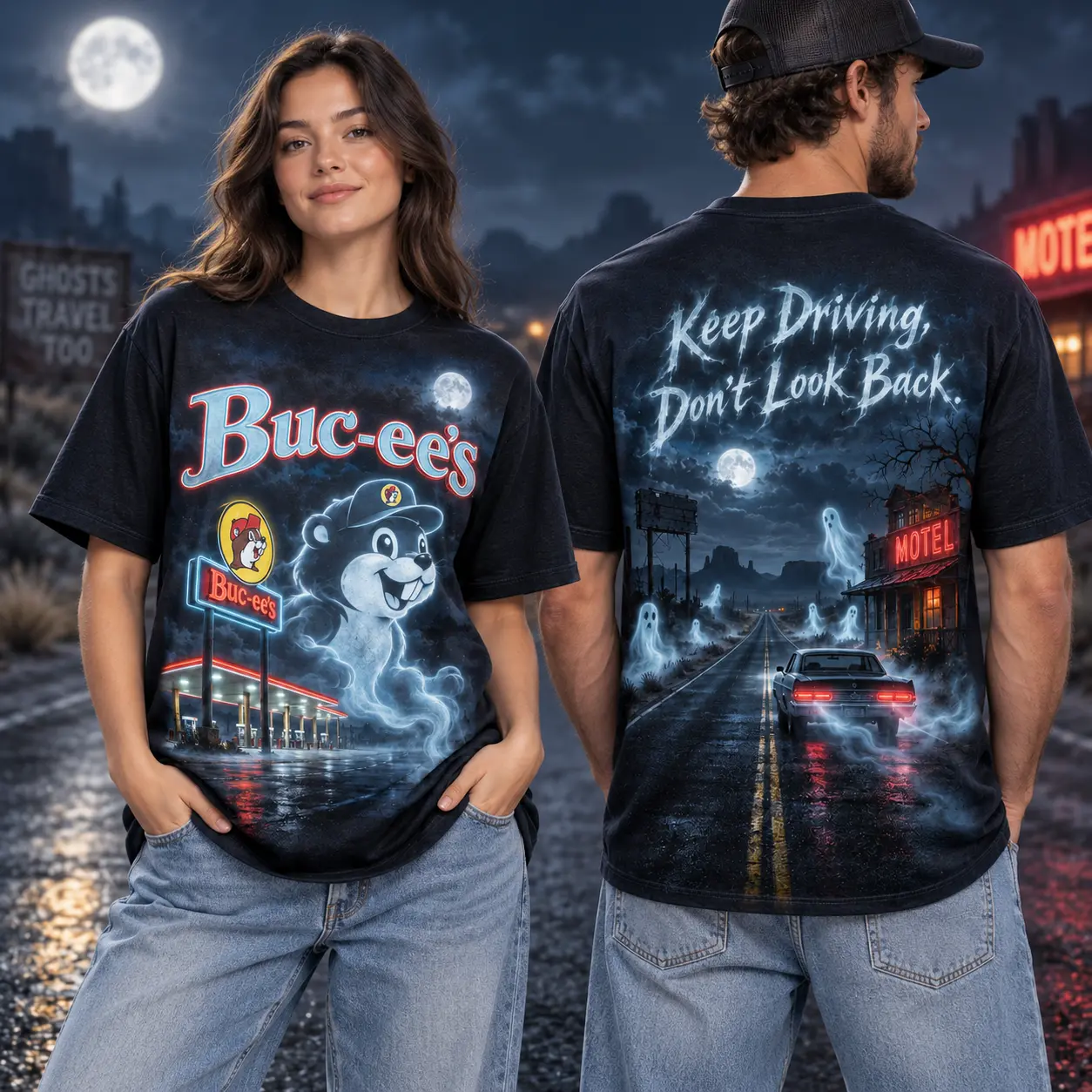 Buc-ee's Ghostly Blue Moon T-Shirt For Road Trippers Who Keep Driving After Dark NDN worn front and back