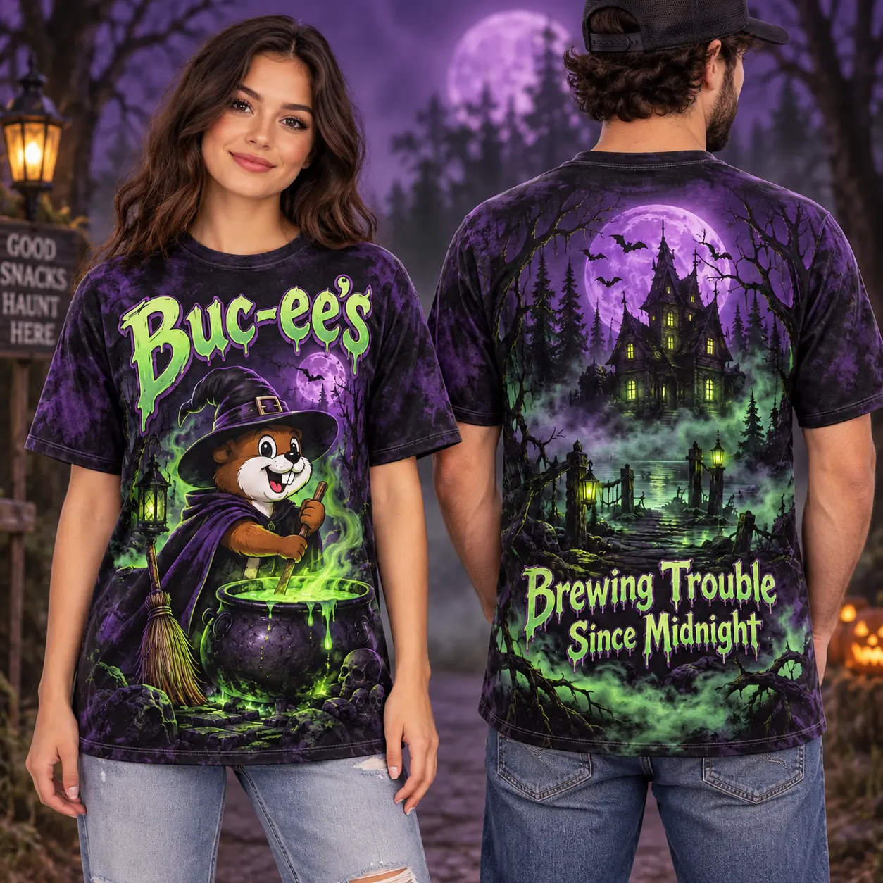 Buc-ee's Witch Purple Cauldron T-Shirt For Halloween Fans Brewing Trouble After Midnight NDN worn front and back