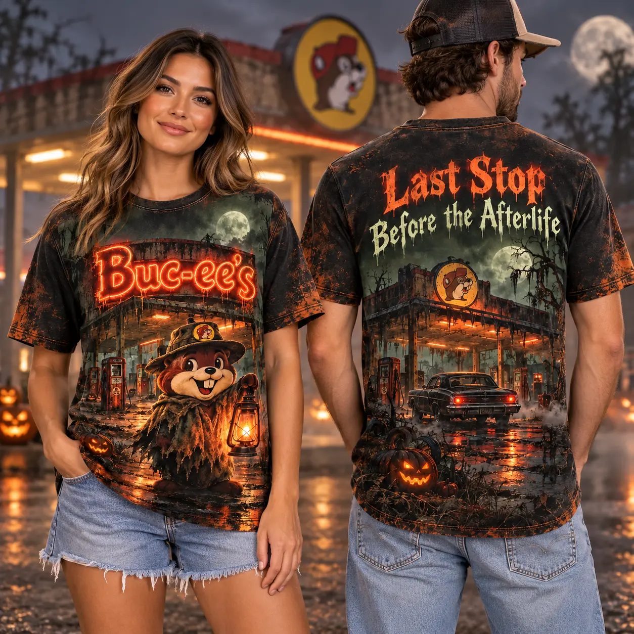 Buc-ee's Haunted Gas Station T-Shirt For Halloween Travelers Making One Last Stop Tonight NDN worn front and back