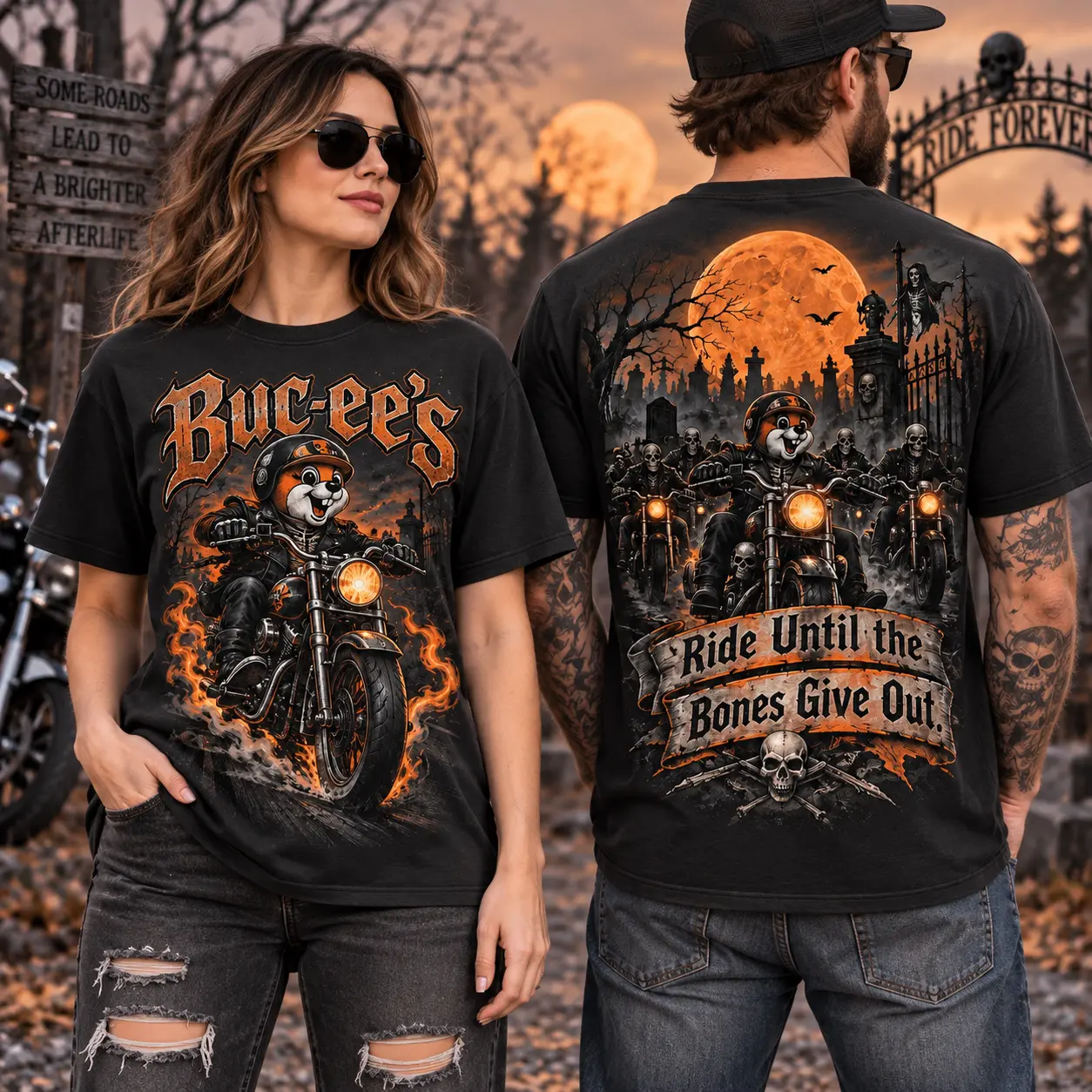 Buc-ee's Halloween Motorcycle Pumpkin T-Shirt For Riders Who Take The Haunted Highway Home NDN worn front and back