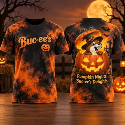 Buc-ee's Pumpkin Orange Halloween T-Shirt For Autumn Travelers Who Love A Spooky Roadside Stop NDN flat front and back