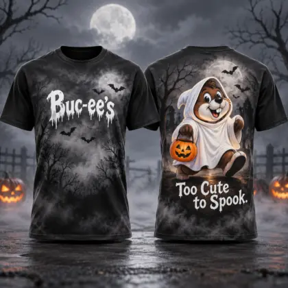 Buc-ee's Cute Ghost Gray T-Shirt For Halloween Fans Who Prefer Friendly Frights After Dark NDN flat front and back