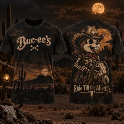 Buc-ee's Skeleton Cowboy Western T-Shirt For Halloween Riders Who Roam Beyond The Moonlight NDN flat front and back