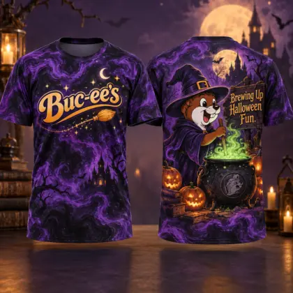 Buc-ee's Purple Witch Cauldron T-Shirt For Halloween Fans Brewing Magic Beneath The Moon NDN flat front and back