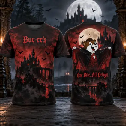 Buc-ee's Red Vampire Night T-Shirt For Halloween Fans Who Come Alive Beneath Dark Skies NDN flat front and back