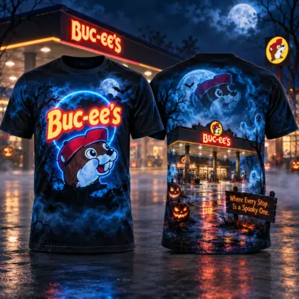 Buc-ee's Blue Haunted Station T-Shirt For Road Trippers Who Collect Spooky Stories After Dark NDN flat front and back