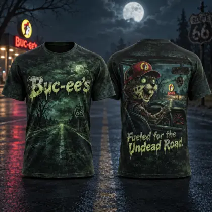 Buc-ee's Green Zombie Truck T-Shirt For Halloween Travelers Fueled For The Undead Road Ahead NDN flat front and back