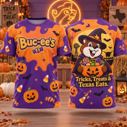 Buc-ee's Orange Purple Halloween T-Shirt For Texas Travelers Who Love Tricks Treats And Eats NDN flat front and back