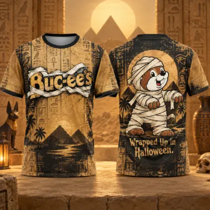 Buc-ee's Golden Mummy Halloween T-Shirt For Spooky Souls Wrapped Up In Ancient Adventures NDN flat front and back