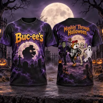 Buc-ee's Purple Skeleton Moon T-Shirt For Halloween Fans Who Keep The Midnight Party Going NDN flat front and back