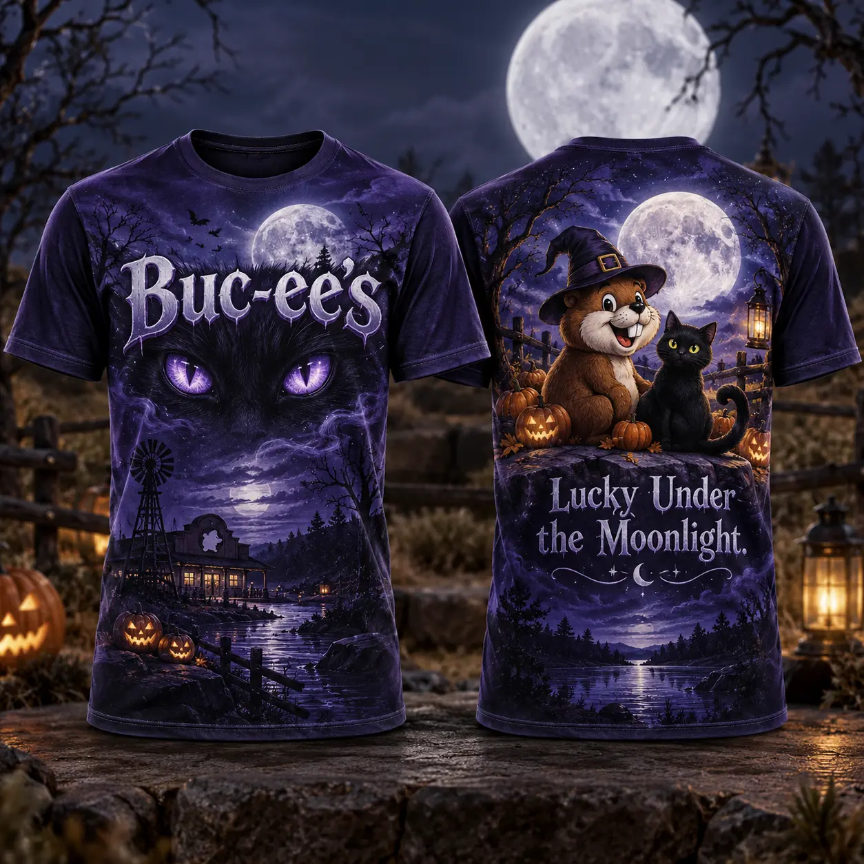 Buc-ee's Midnight Cat Moon T-Shirt For Halloween Dreamers Who Find Luck Under The Stars NDN flat front and back