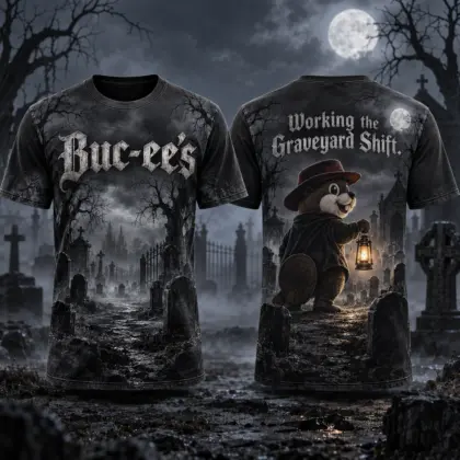 Buc-ee's Gray Reaper Halloween T-Shirt For Night Owls Working The Graveyard Shift In Style NDN flat front and back