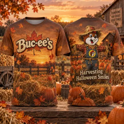 Buc-ee's Orange Scarecrow Harvest T-Shirt For Autumn Fans Who Gather Halloween Smiles Along The Way NDN flat front and back