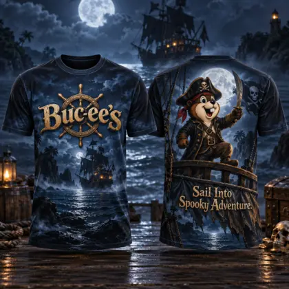 Buc-ee's Blue Pirate Ocean T-Shirt For Halloween Explorers Who Sail Into A Spooky Adventure NDN flat front and back