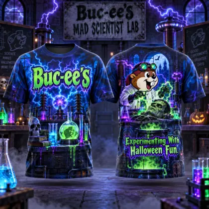 Buc-ee's Neon Scientist Lab T-Shirt For Halloween Minds Experimenting With A Little Midnight Magic NDN flat front and back